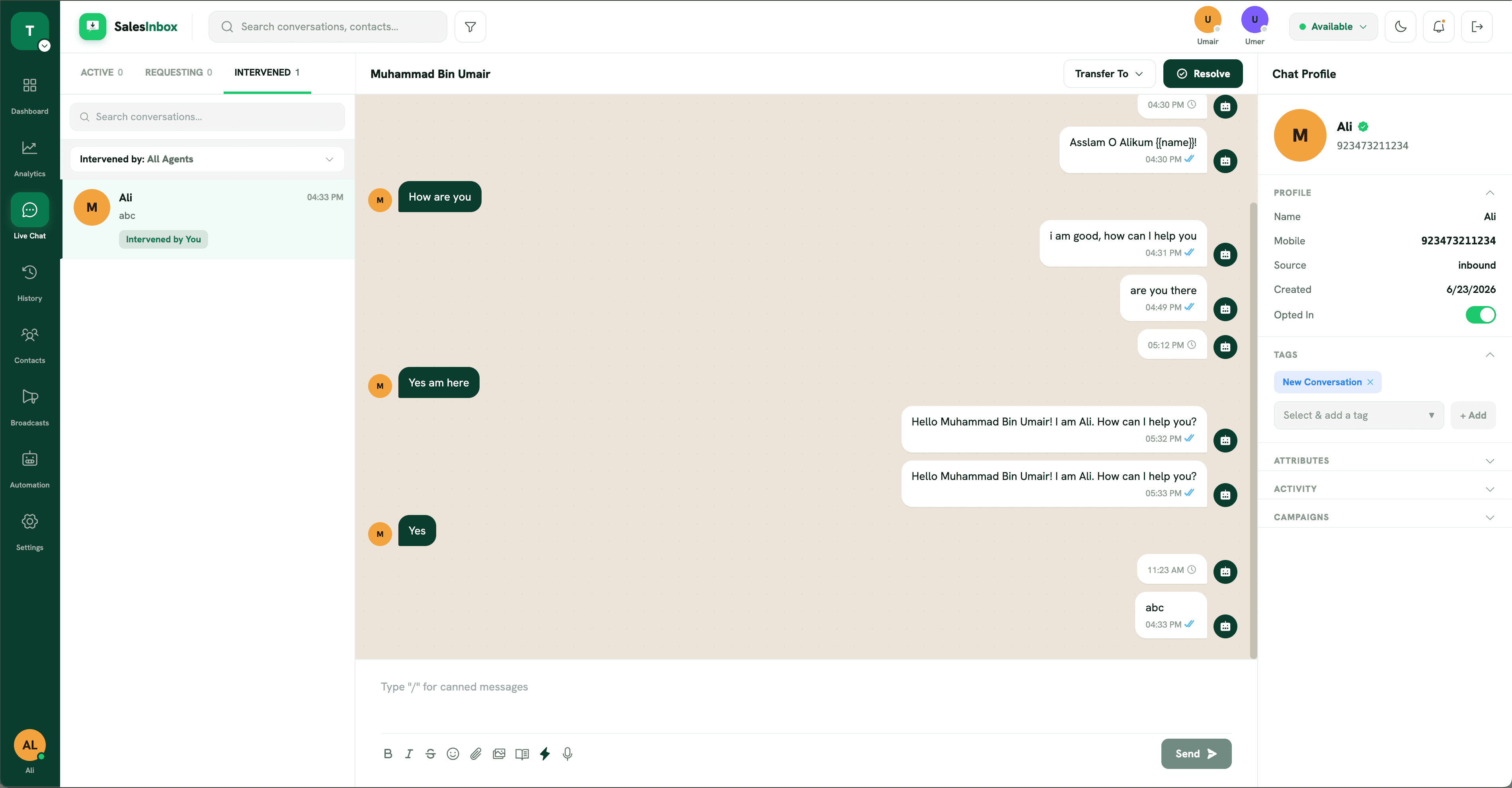 SalesInbox live-chat dashboard